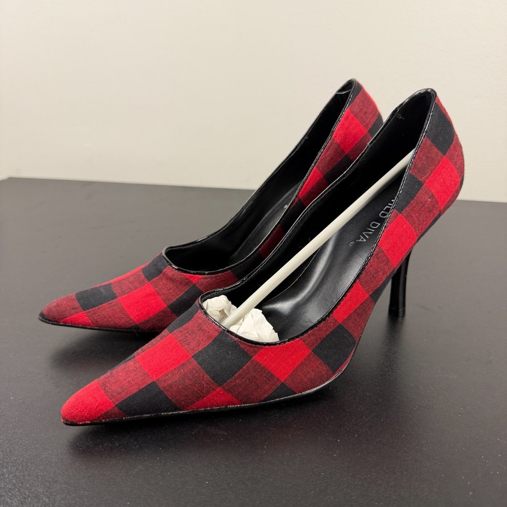 Wild Diva Stiletto Heels Pumps Women's 9 Black Red Checkered Pointed Toe Career